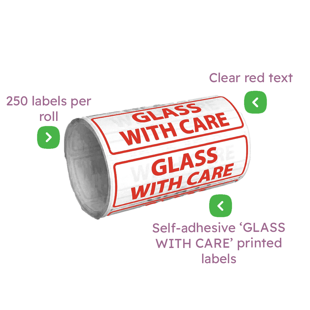White & Red 'GLASS WITH CARE' Warning Labels - 152mmx50mm - Pack Of 1