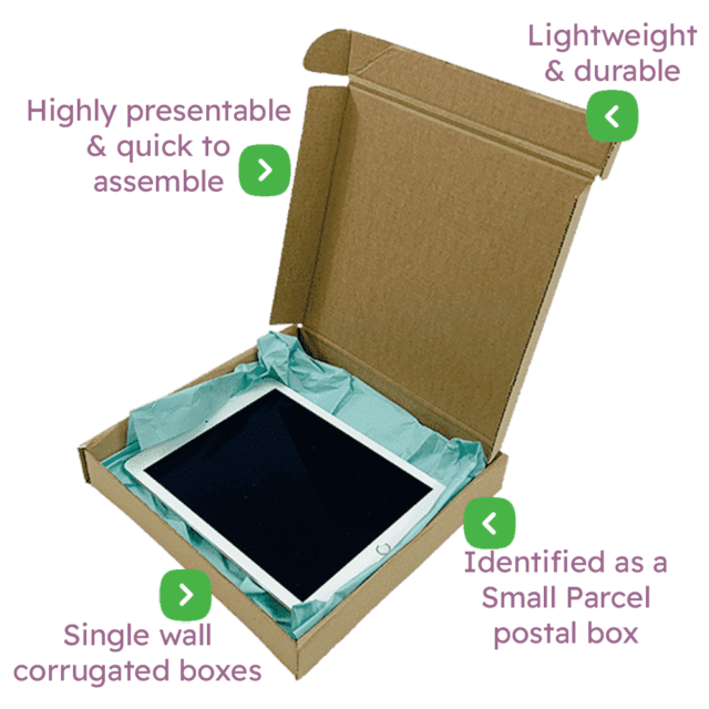Brown PiP Small Parcel Postal Box – 240x240x40mm Infographic