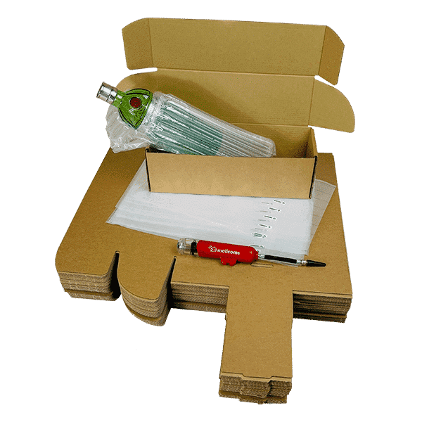 Single Bottle Air Packaging Kit - Includes Air Cushioning Bags, Brown Postal Boxes & Hand Pump