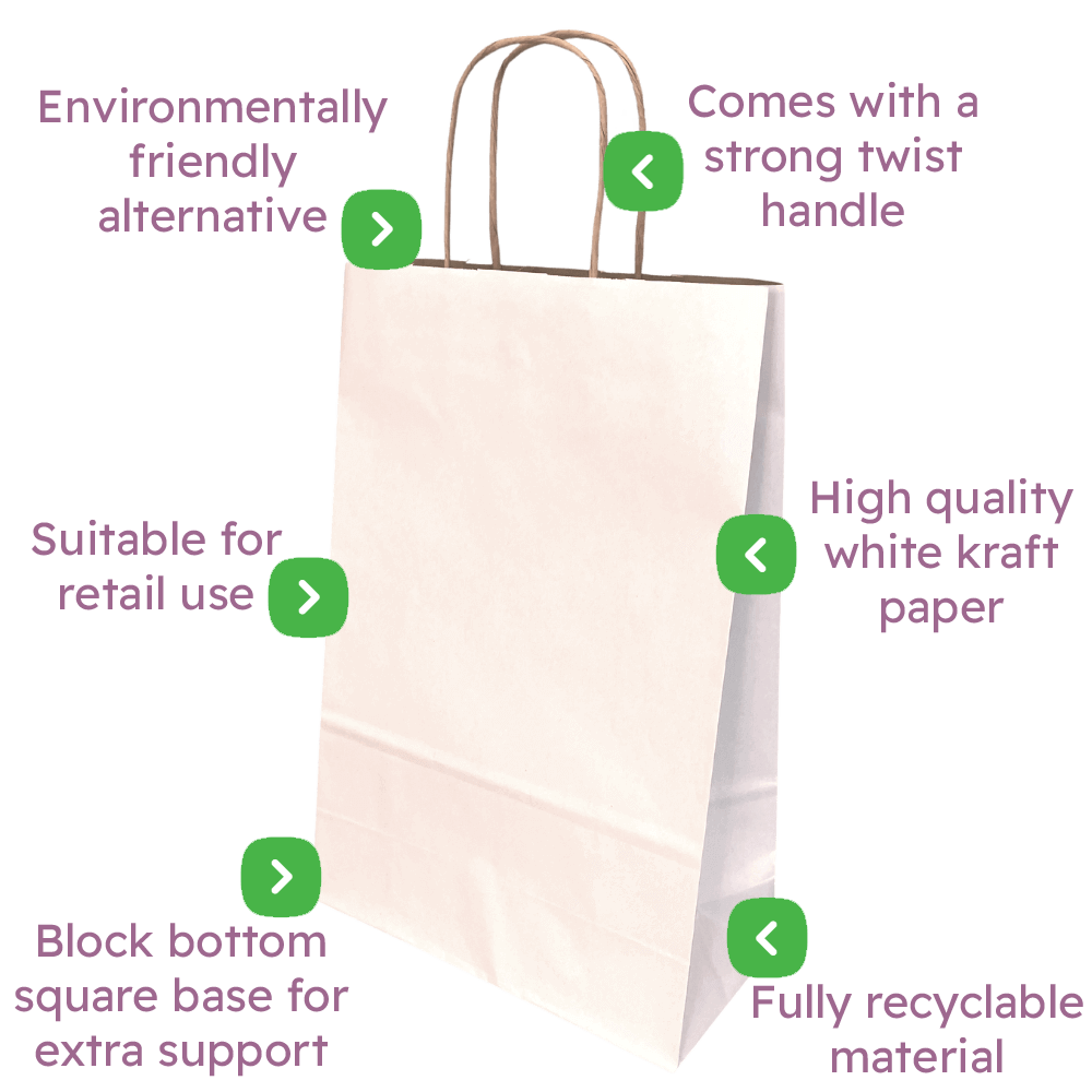 White Kraft Premium Twist Handle Paper Carrier Bags Infographic