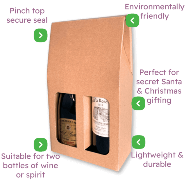 Double Bottle Brown Pinch Top Bottle Carrier Box - 182x91x323mm