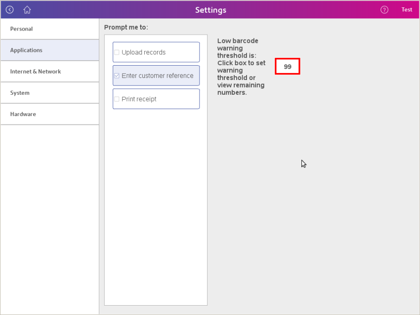 Viewing and changing the low barcode warning threshold 3