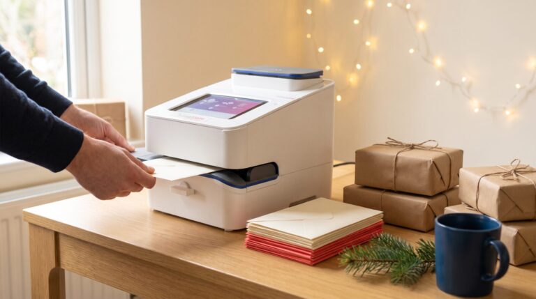 Franking machine on a wooden desk with festive red and cream envelopes, kraft paper wrapped parcels and fairy lights in the background