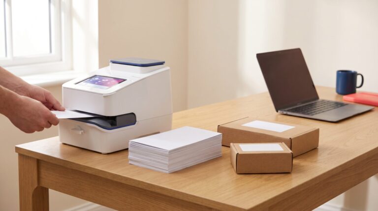 White franking machine on a wooden office desk with a stack of envelopes, small cardboard parcels and a laptop in soft window light
